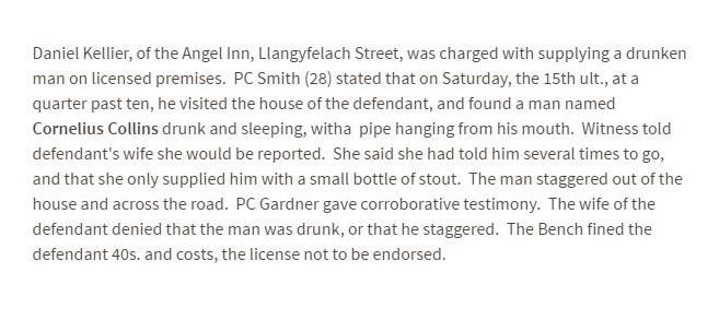 Newspaper report of Cornelius Collins drunk at the Angel Inn